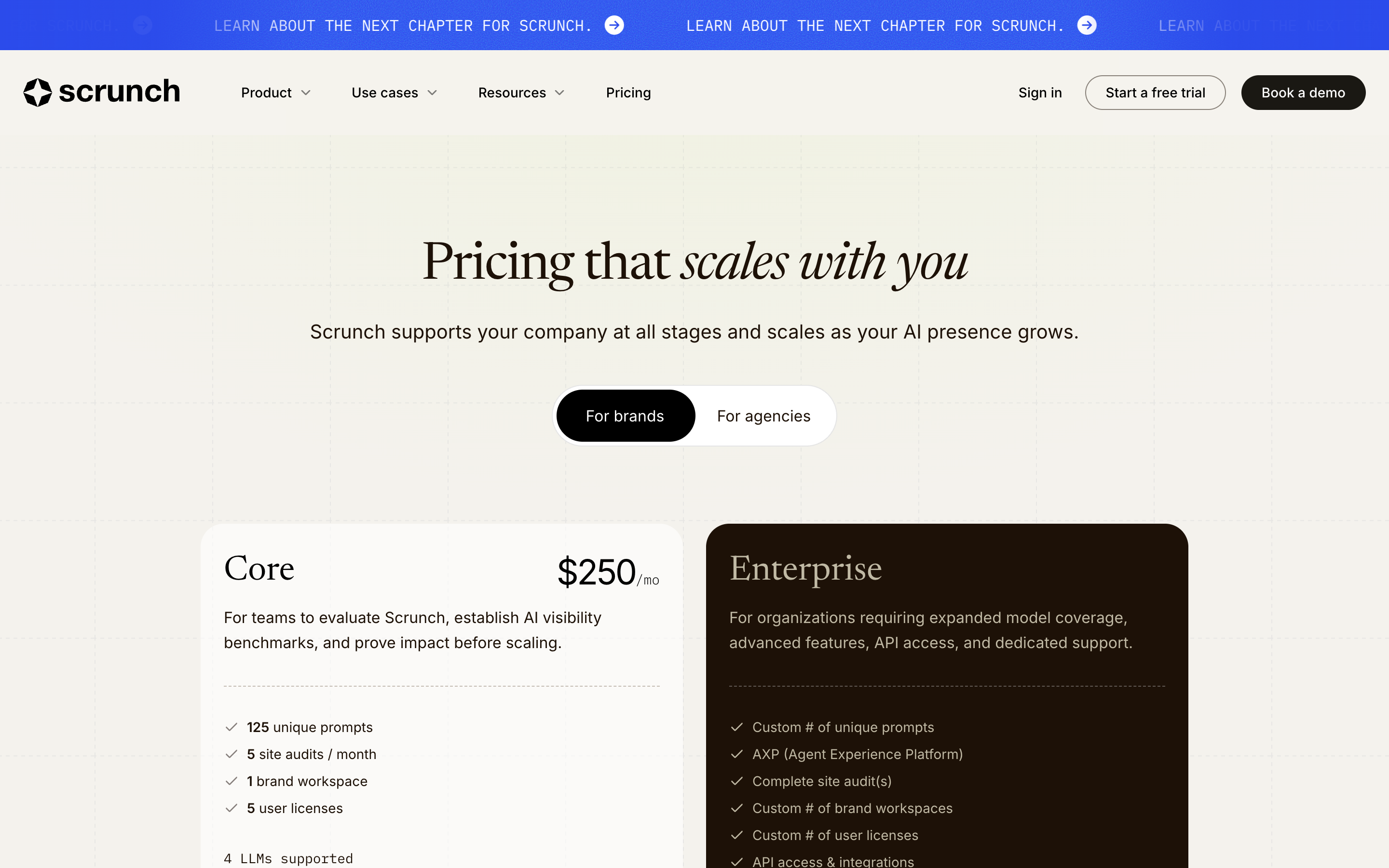 Pricing: Starter $250 to Enterprise, prompt + persona limits
